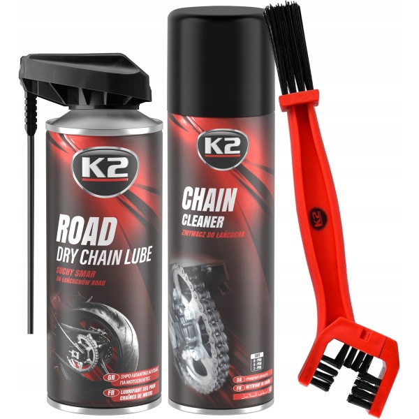 Set K2 Spray Curatat Lant Chain Cleaner 500ML W148NM + K2 Spray Lubrifiant Lant Road Dry Chain Lube 400ML K2-01635 + K2 Perie Curatat Lant W612